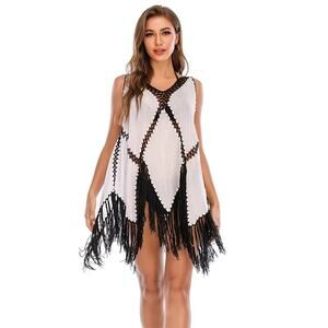 Unbranded Women's Cream Black Sleeveless V Neck Knit Beach Cover Up Fringe OS
